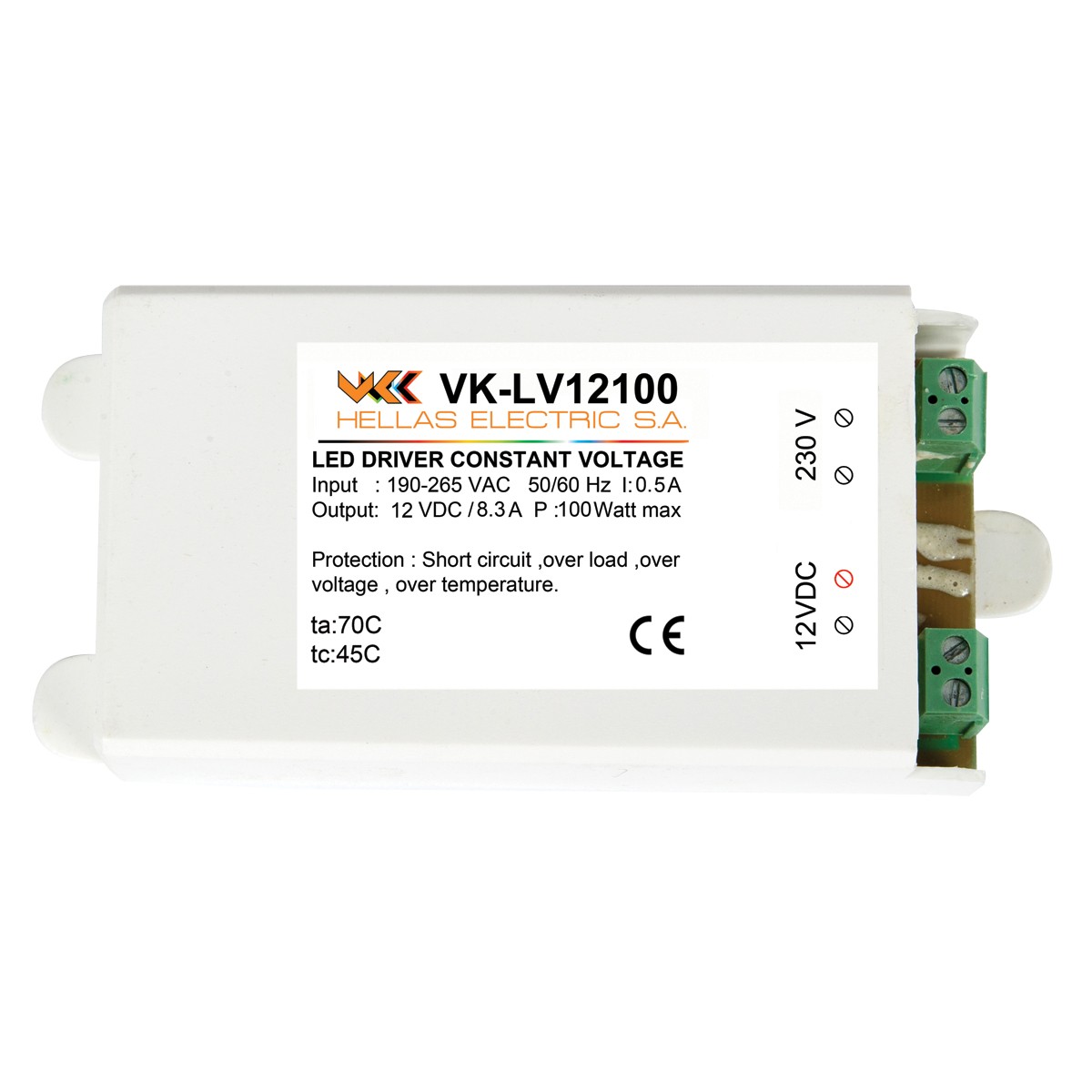 Τροφοδοτικό πλαστικό για ταινία led  εσωτερικού χώρου IP20 12V 100W VK/LV100-12