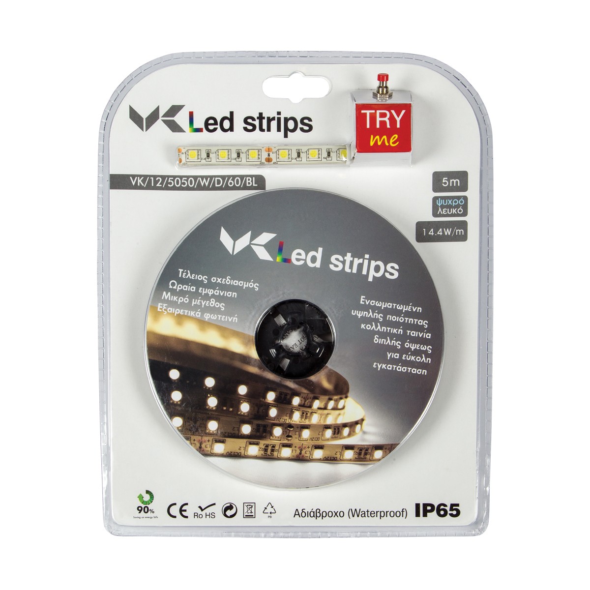 Ταινία led ντιμαριζόμενη IP65 5m 12V 14,4W/M 3000K  VK/12/5050/W/W/60/BL