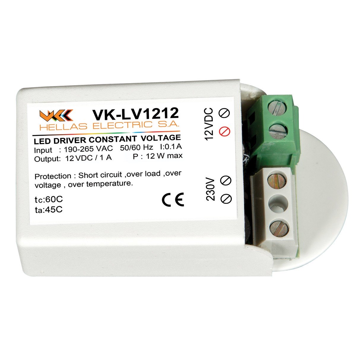 Τροφοδοτικό πλαστικό  για ταινία led εσωτερικού χώρου IP20 12V 12W  VK/LV12-12